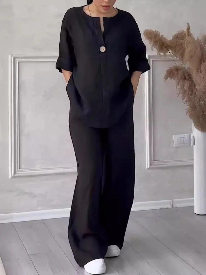 Cotton Linen Sets Two 2 Pieces Sale Casual Long Sleeve Button Loose Blouse Shirt&High Elastic Wide Leg Loose Pant Suits