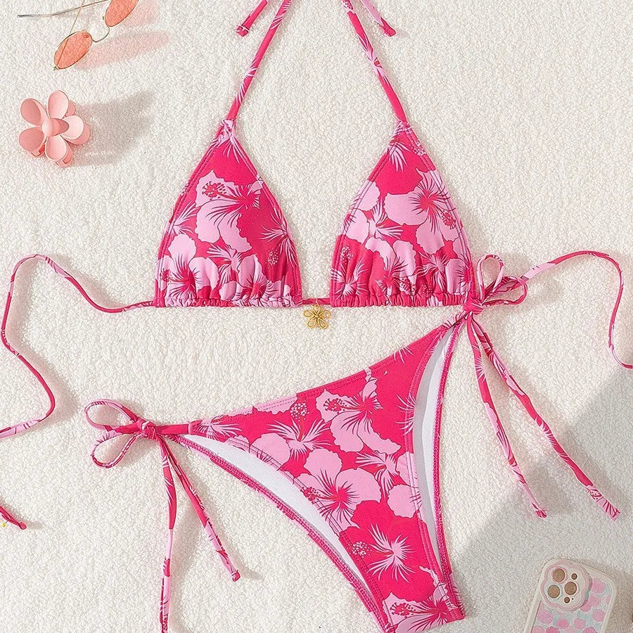 Sexy Metal Flower Pendant Print Bikini Set Women's Fashion Hollow Out Push Up Swimsuit for Beach Vacation Female Bathing Suits