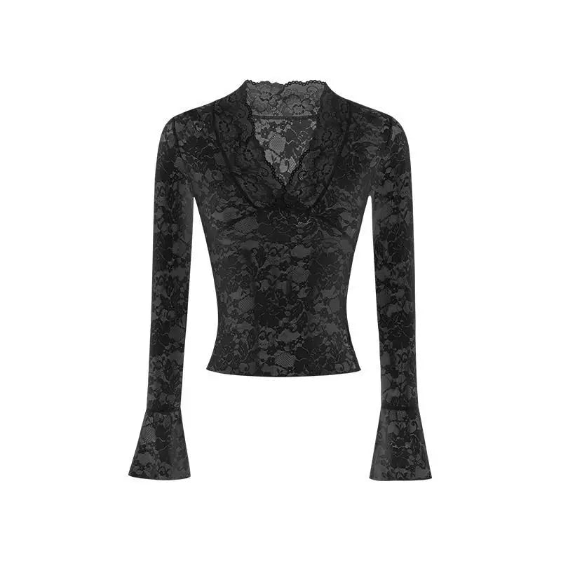 T-shirt Femme Col V Transparent Manches Évasées – Dentelle Slim Chic