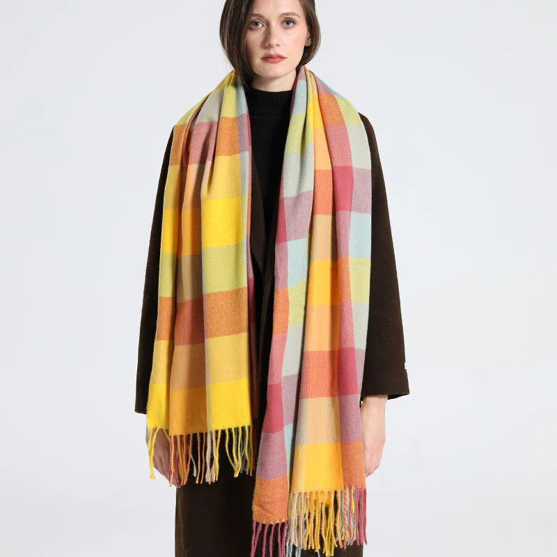 Women's Checkered Shawl Scarf – Soft & Warm Cashmere | 14 Colors
