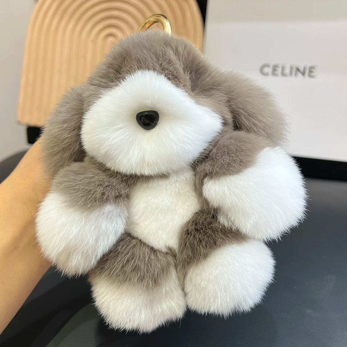 Genuine Rabbit Fur Pom-Pom Keychain – Cute Plush Dog | Bag Charm