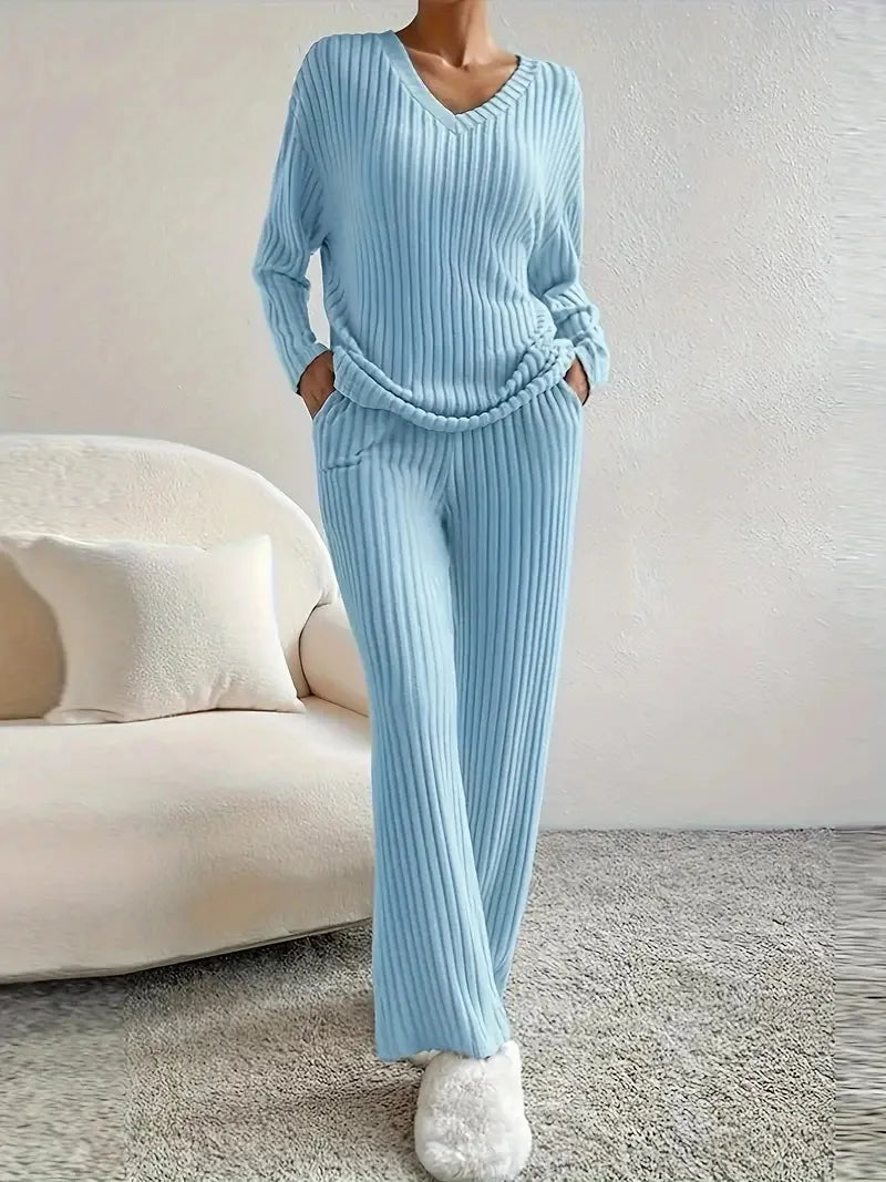 Ensemble loungewear femme – Pull côtelé à col en V et pantalon décontracté à jambe droite