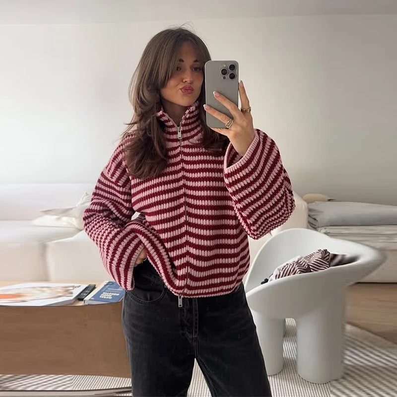 Casual Turtleneck Knitted Ribbed Women Sweater Loose Full Sleeve Zippers Cardigan 2026 Spring Fashion Lady Minimalist Outerwear