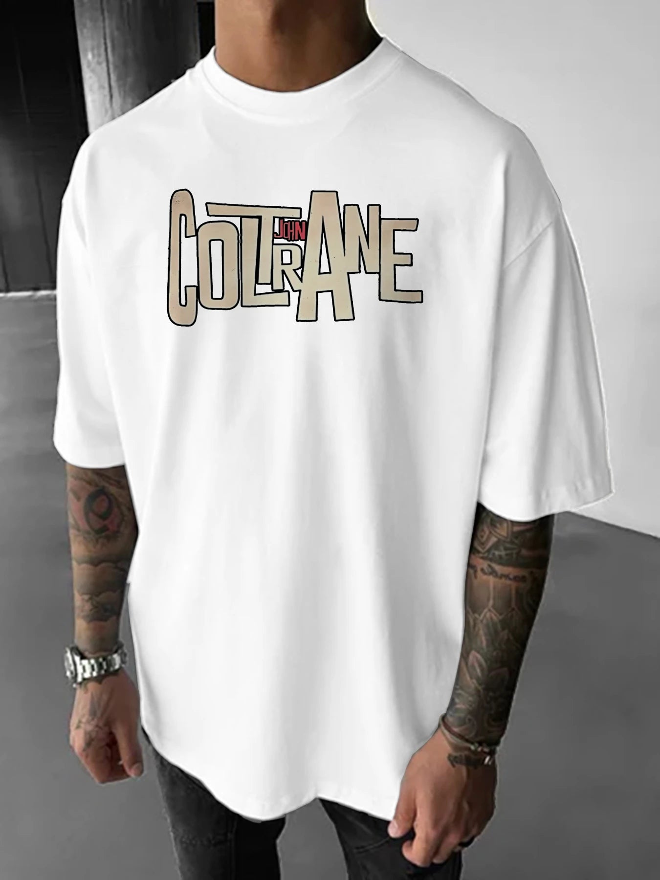 John Coltrane Name Art Printed T-Shirt Jazz Legend Commemorative Summer Hundred Casual Printed Men's T-Shirt