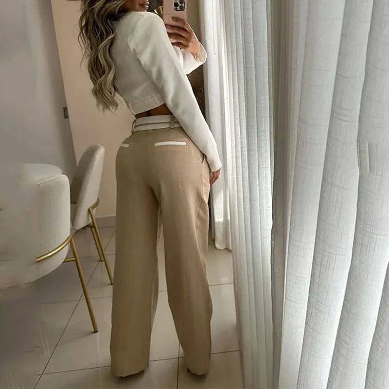 Ensemble Crop Top et Pantalon Large Femme - Tailleur 2 Pièces Élégant