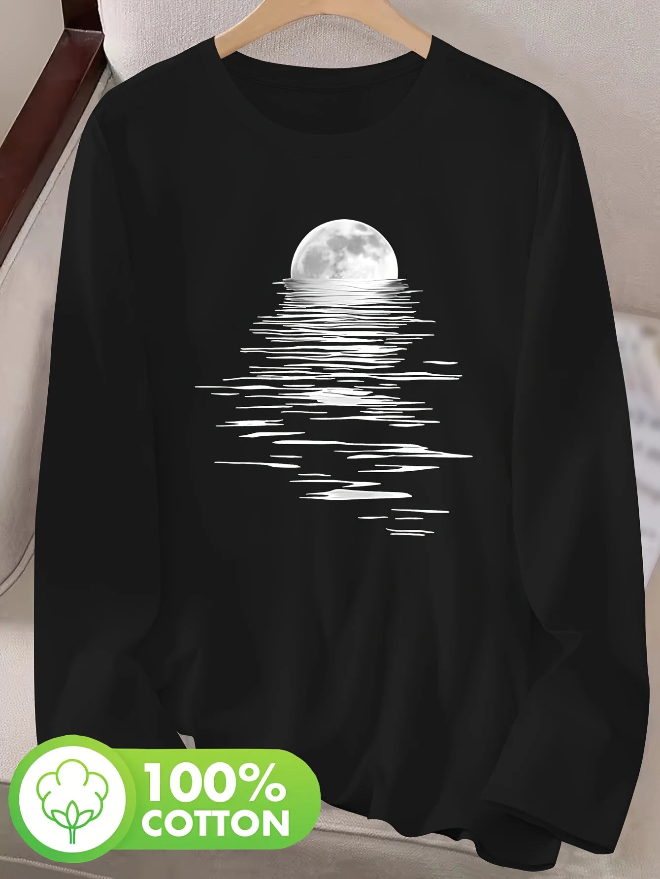 Women's T-Shirt 100% Cotton Moon & Sea Print – Round Neck Long Sleeves