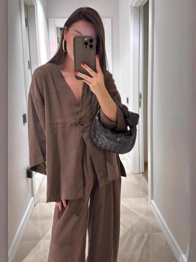 Casual Solid Cotton Linen Loose Shirt Pants Set Women Single Breasted Blouses Wide Leg Pants Suits Spring Summer Lady Outfits