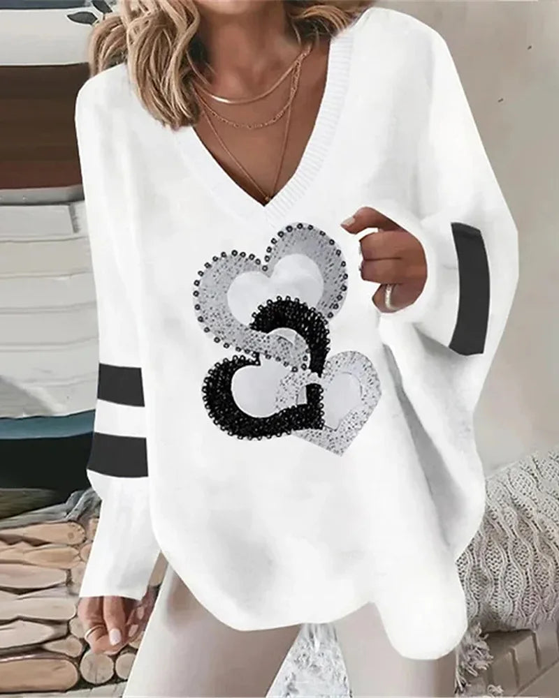 Chemisier Blanc Femme Love Print - Col V Manches Longues
