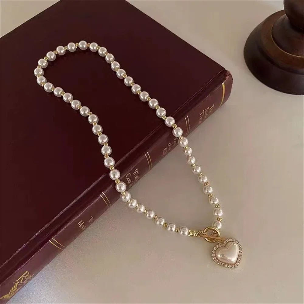 Gold Plated Heart & Pearl Pendant Necklace – Korean Style Y2K Kawaii | Women's Jewelry