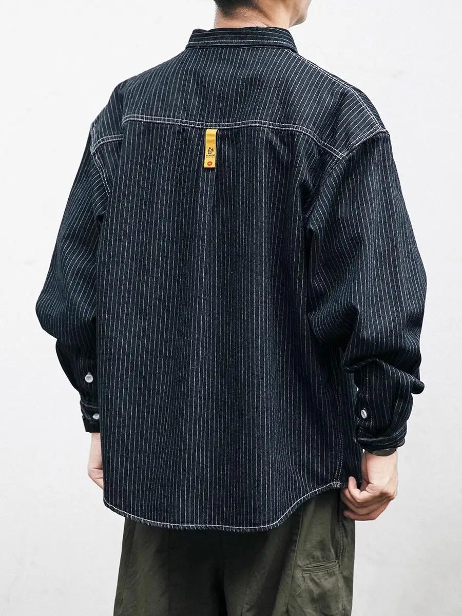 Retro Striped Loose Fit Long Sleeve Collared Men's Denim Shirt Spring Fashion Workwear Jacket Youthful Wear Resistant Chinese...