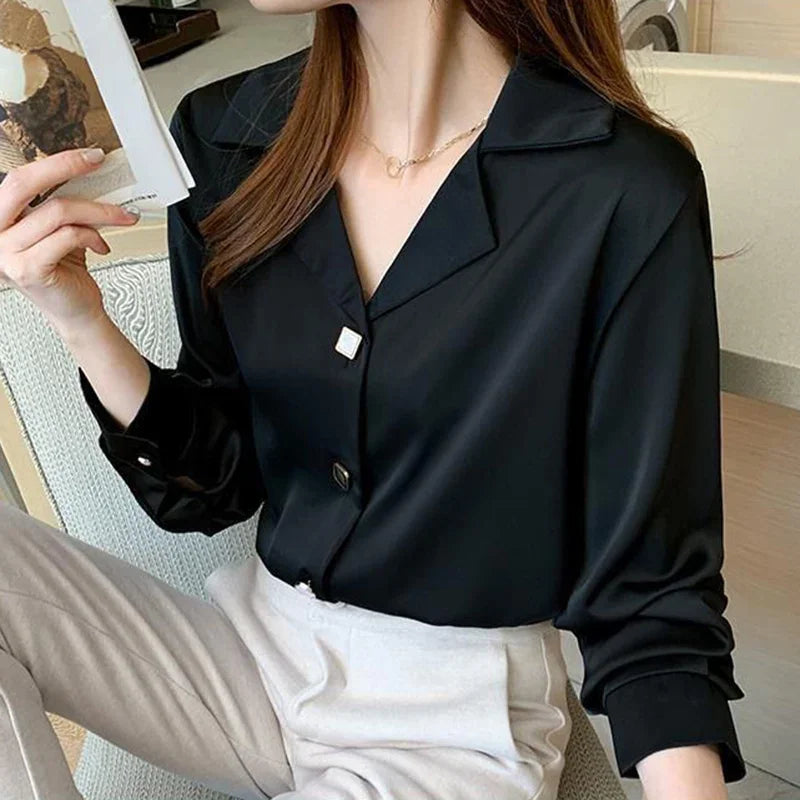 Spring Autumn Elegant Women Shirts 2025 Solid V Neck Buttons Chiffon Blouse Loose Casual Korean Trendy Black Straight Mujer Tops