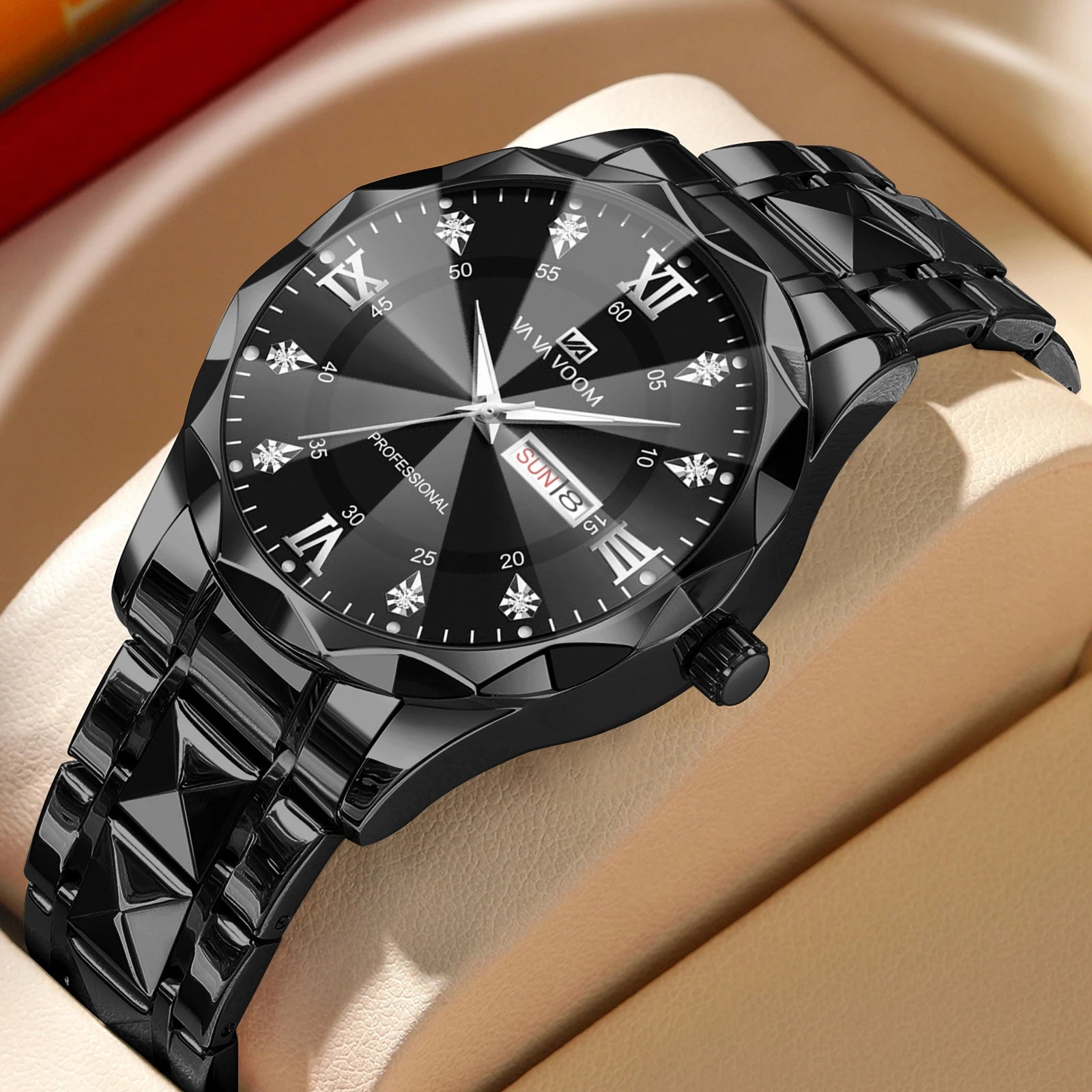 2026 New Men's Watch Fashion Rivet Stainless Steel Strap Luxury Water Diamond Diamond Luminous Blue Gold Dial Business Men Watch
