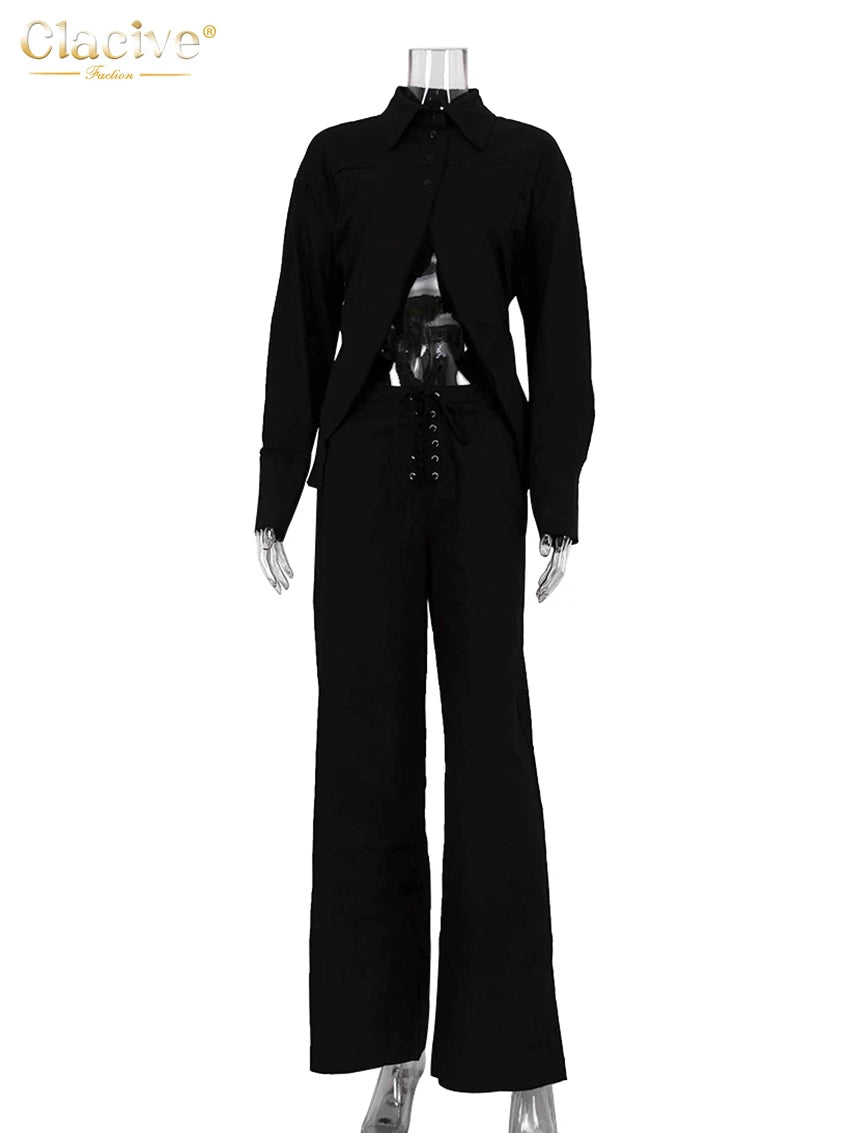 Clacive Fashion Loose White Linen Women's Two Pieces Set 2026 Elegant Long Sleeve Shirt With Mid Waist Wide Pants Set Streetwear
