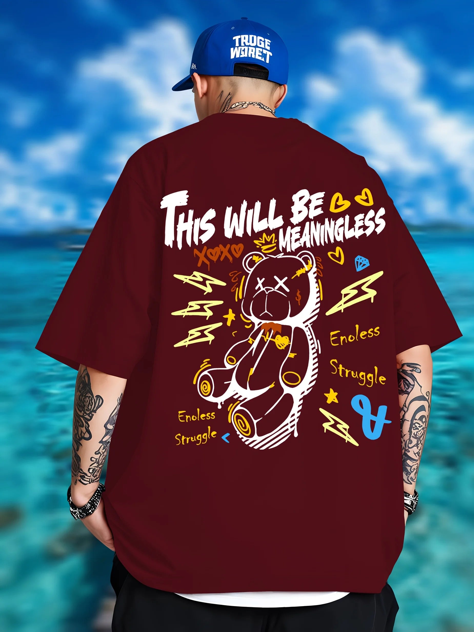 Summer men's fashionable teddy bear print breathable and comfortable round neck T-shirt outdoor street style top