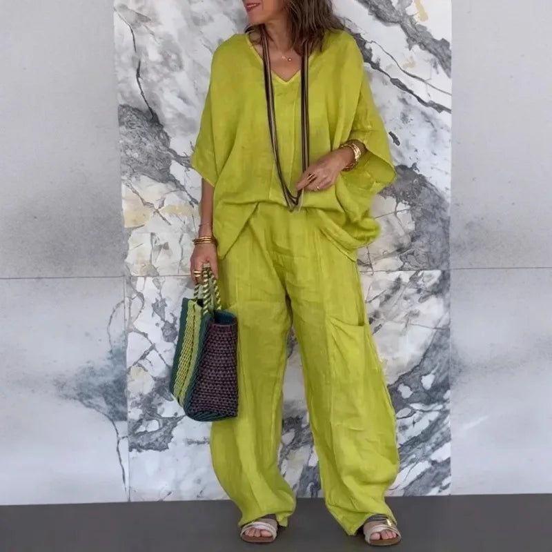 Ensemble Femme Lin Coton Printemps Été - Top Col V Pantalon Large