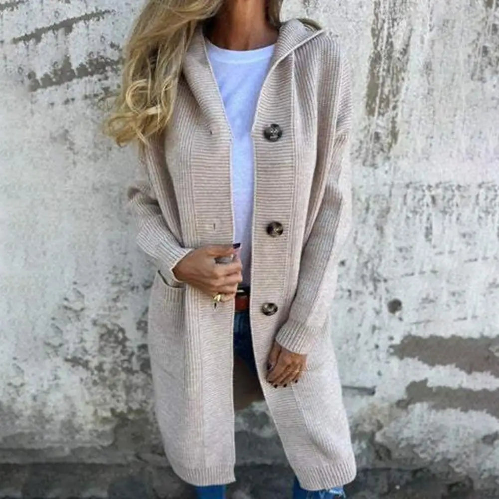 Cardigan Tricoté à Capuche Femme - Manteau Long avec Poches