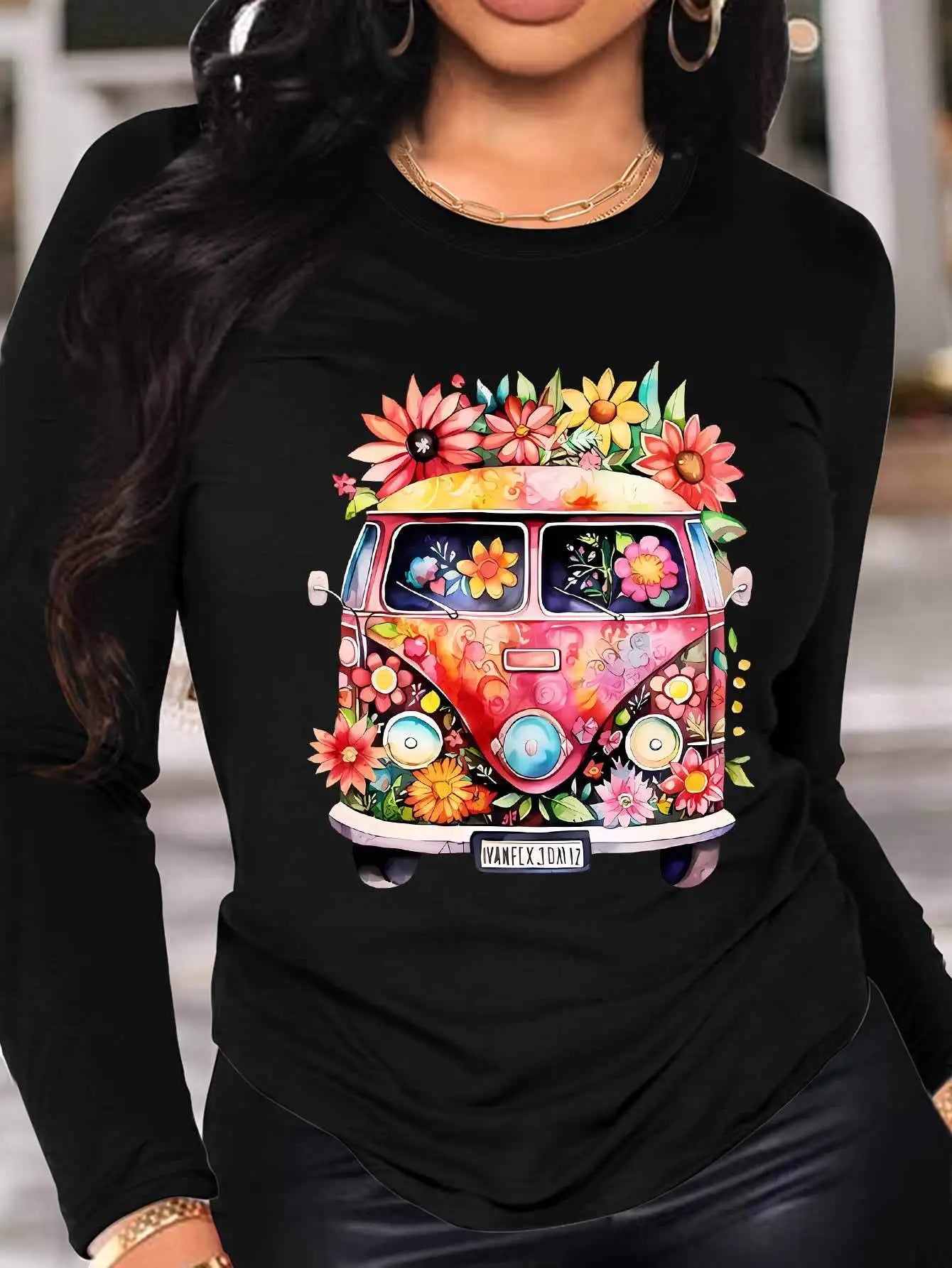 Women's T-Shirt 100% Cotton Moon & Sea Print – Round Neck Long Sleeves