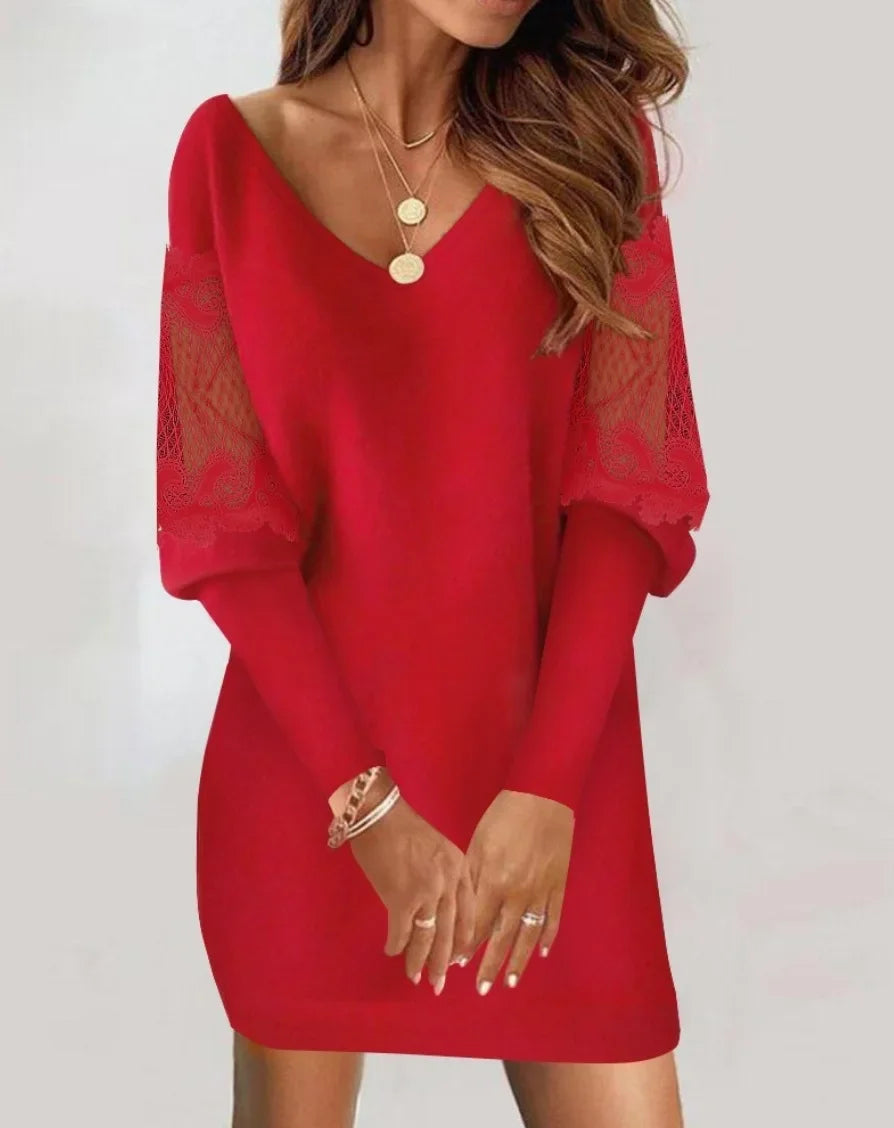 Elegant and Beautiful Women's Dress Autumn Solid Color Lace Splicing Long Sleeve Mini Dresse Female Short Dresses 2025 Woman