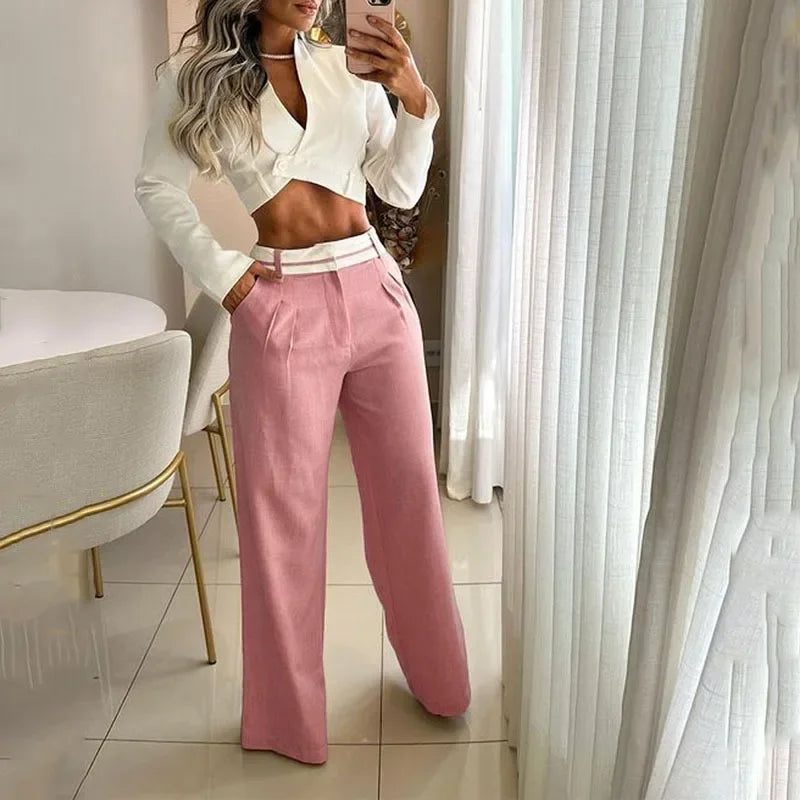 Ensemble Crop Top et Pantalon Large Femme - Tailleur 2 Pièces Élégant