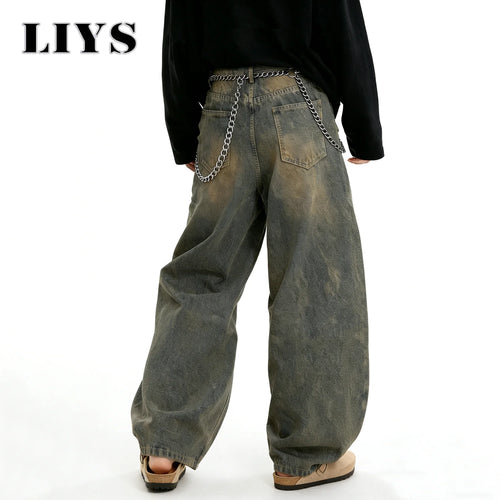 American Retro Baggy Wide Leg Jeans Men's Korea Streetwear Distressed y2k Clothing Casual Daily Four Seasons Denim Pants Unisex