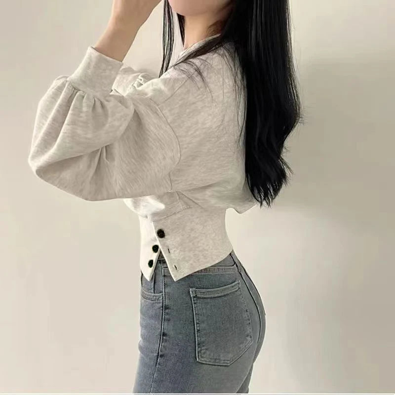 Women's Crop Top with Round Neck and Lantern Sleeves – Korean Streetwear Style