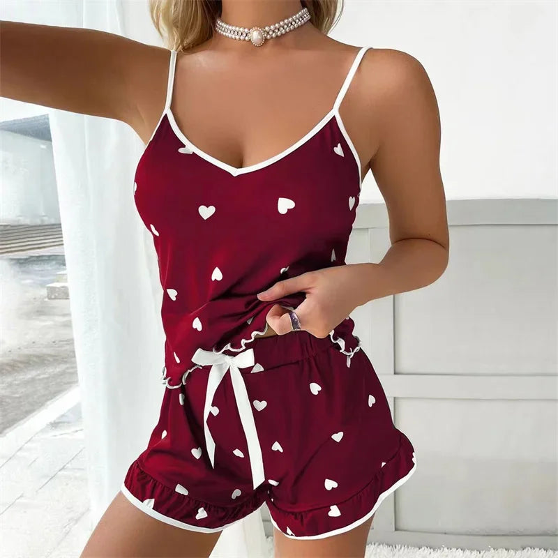Ensemble Pyjama 2 Pièces Femme – Top Bretelles & Short Imprimé