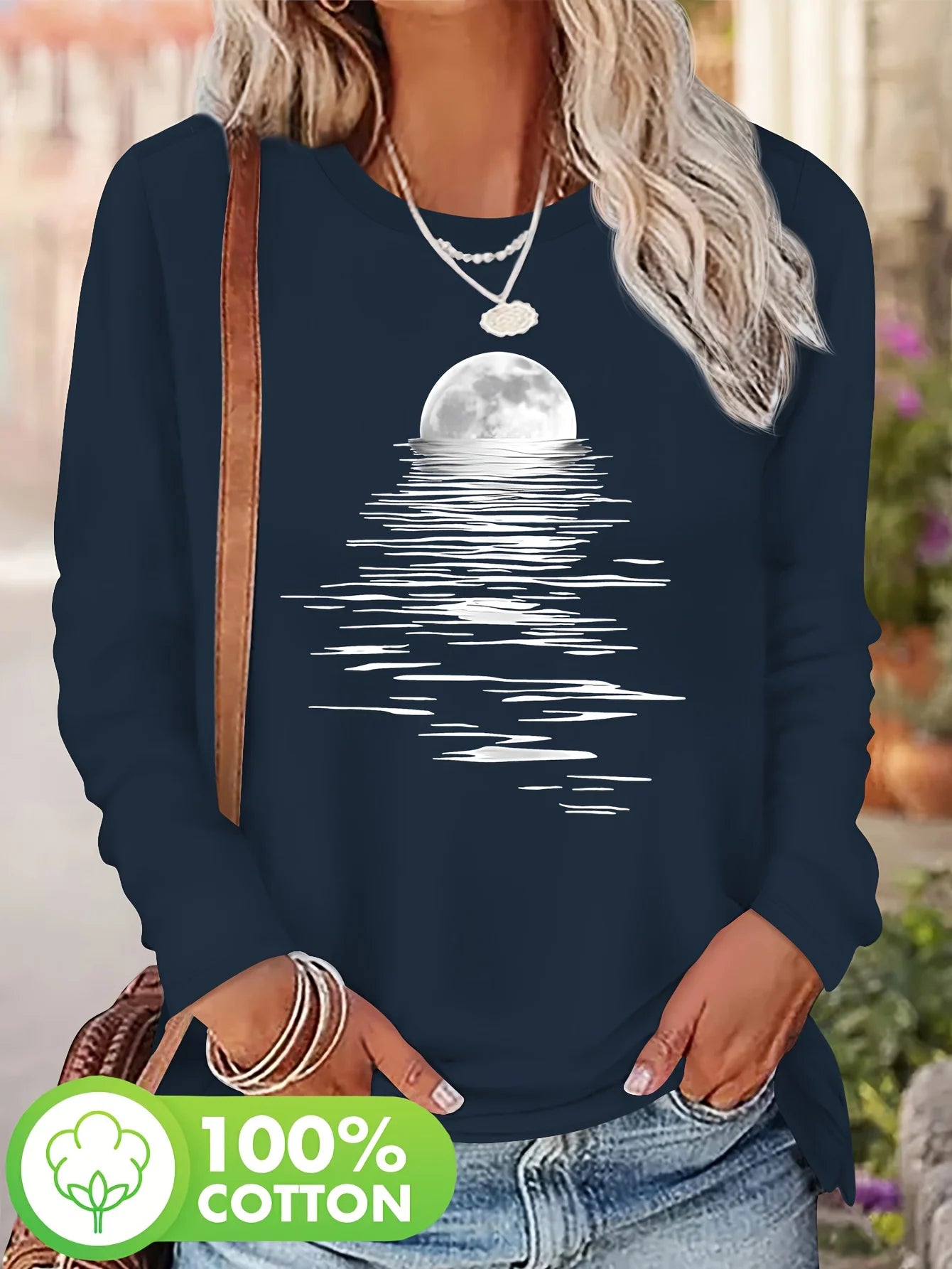 Women's T-Shirt 100% Cotton Moon & Sea Print – Round Neck Long Sleeves