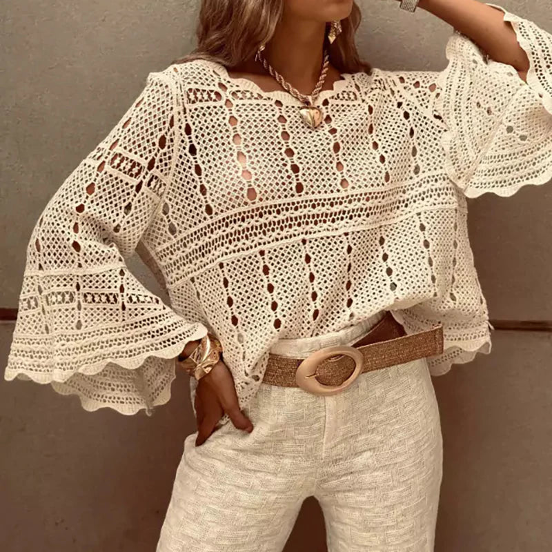 Spring Summer Lace Crochet Women's White Shirts 2026 New Hollow Out Beach Bohemian Cover Up Tees Female Long Sleeve Knitted Tops