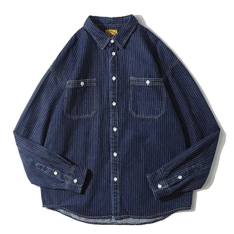 Retro Striped Loose Fit Long Sleeve Collared Men's Denim Shirt Spring Fashion Workwear Jacket Youthful Wear Resistant Chinese...