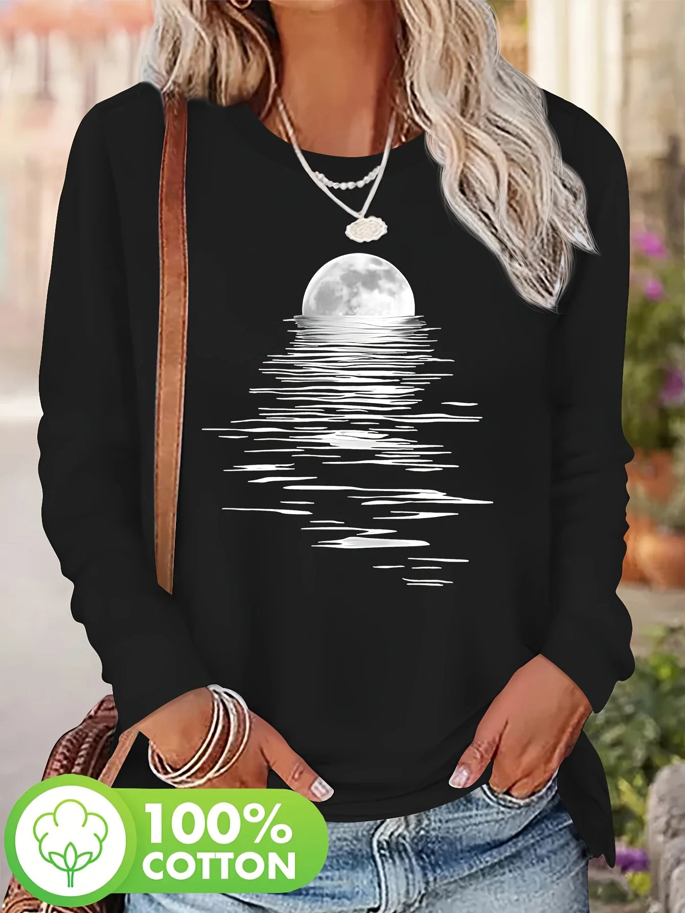 Women's T-Shirt 100% Cotton Moon & Sea Print – Round Neck Long Sleeves