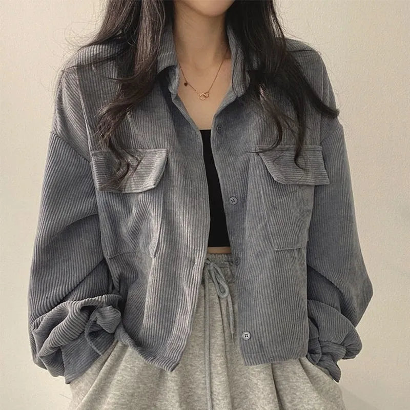 Women's Corduroy Jacket – Retro Loose Fit, Square Collar, Autumn-Winter