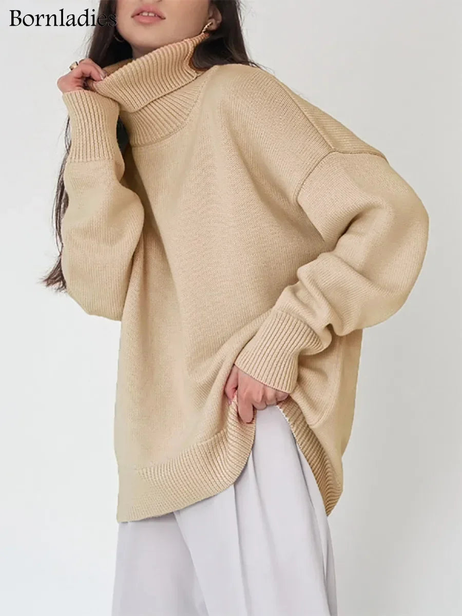 Bornladies Women Turtleneck Sweater CHIC Autumn Winter Thick Warm Pullover Top Oversized Casual Loose Knitted Jumper Female Pull