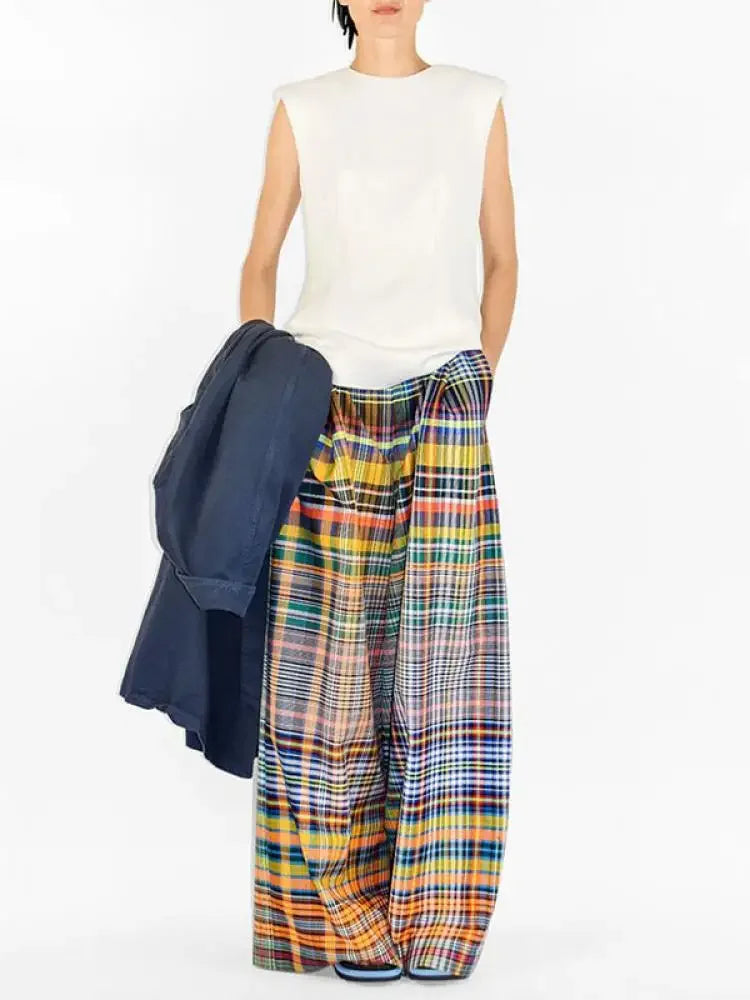 Women's Vintage Wide Leg Trousers – High Waist Checkered