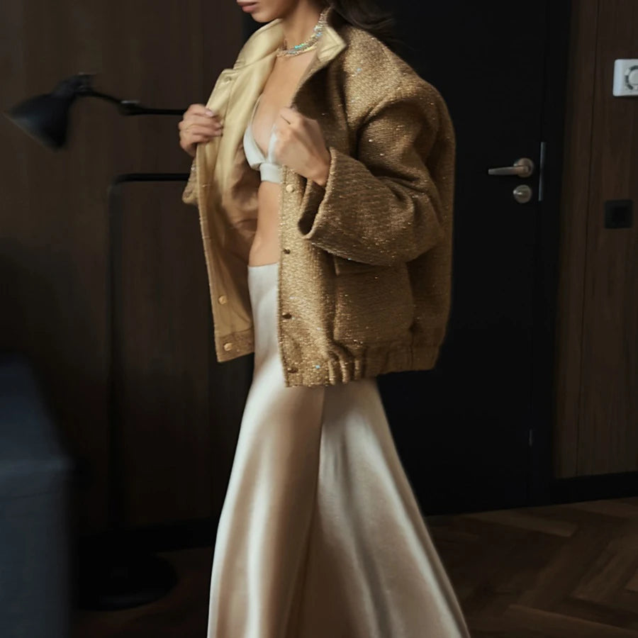 2026 Women Spring Vintage Sequins Jacket Coat Fashion Women Stand Collar Loose Style Jacket Femme Streetwear Tops Clothes