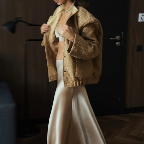 2026 Women Spring Vintage Sequins Jacket Coat Fashion Women Stand Collar Loose Style Jacket Femme Streetwear Tops Clothes