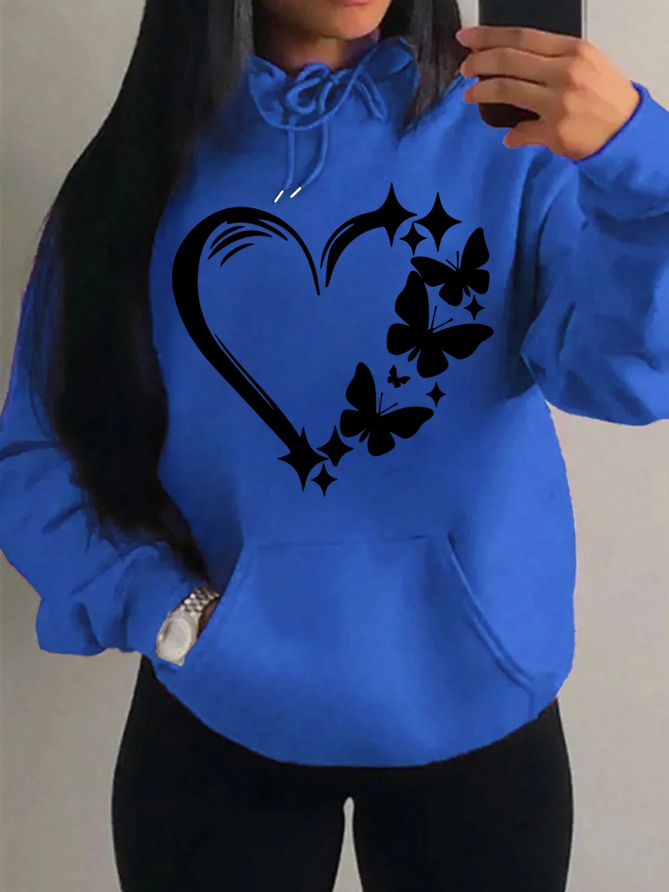Sweat à capuche Femme Motif Amour et Papillon Hip Hop Streetwear Poches Vêtements Rétro Multicolore