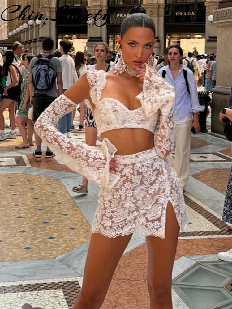 Beach Lace Skirt Set Women Sexy Hollow Out Square Collar Ribbon Crop Top A-line Split Skirt 2025 Spring Summer Lady Suit