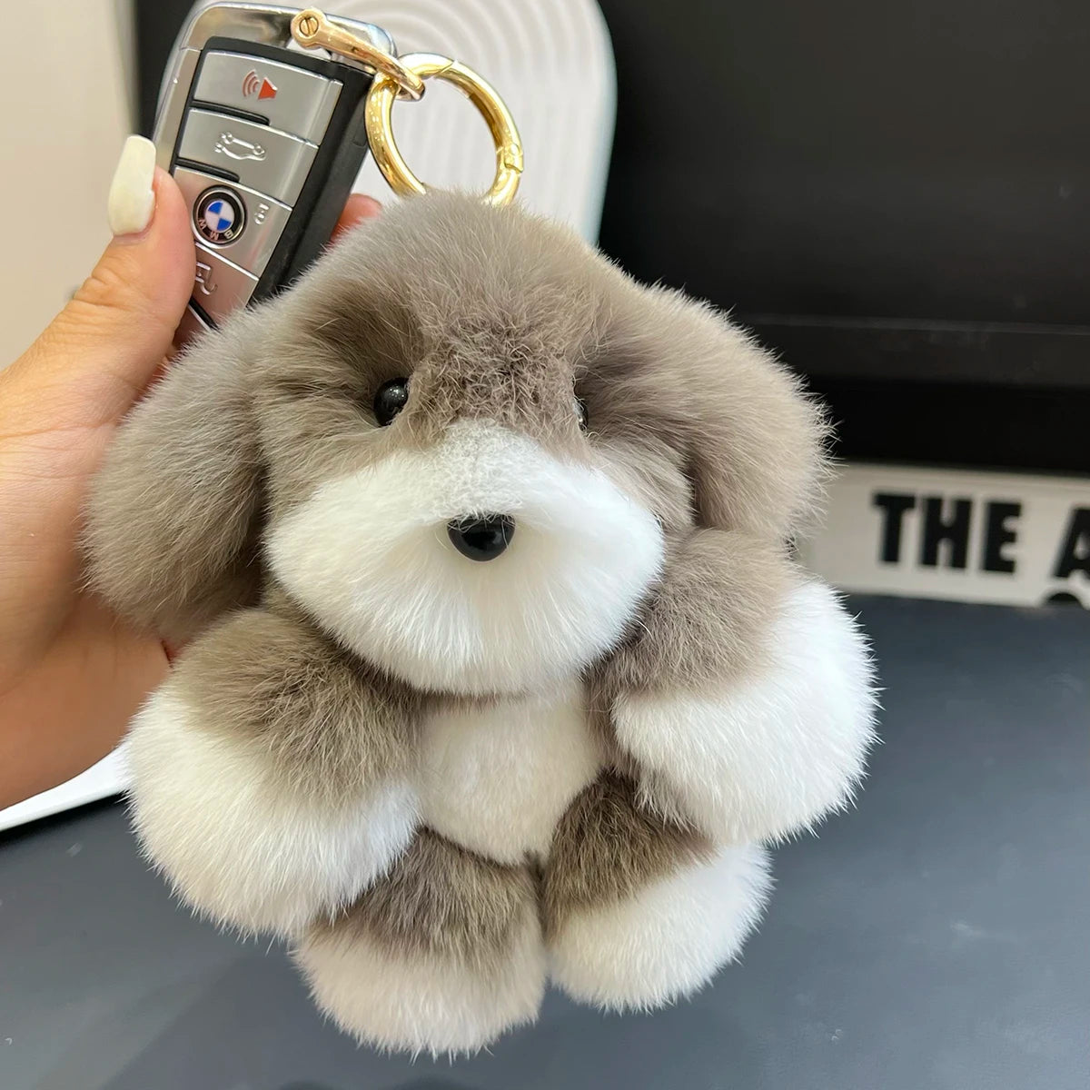 Genuine Rabbit Fur Pom-Pom Keychain – Cute Plush Dog | Bag Charm