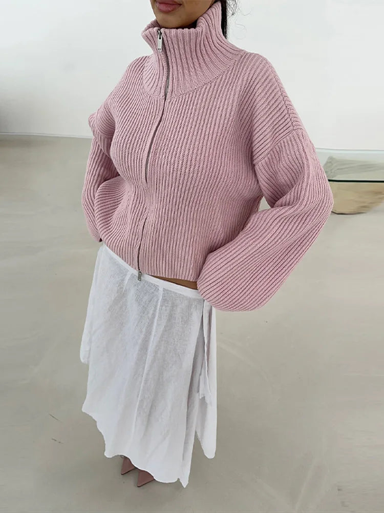 Casual Turtleneck Knitted Ribbed Women Sweater Loose Full Sleeve Zippers Cardigan 2026 Spring Fashion Lady Minimalist Outerwear