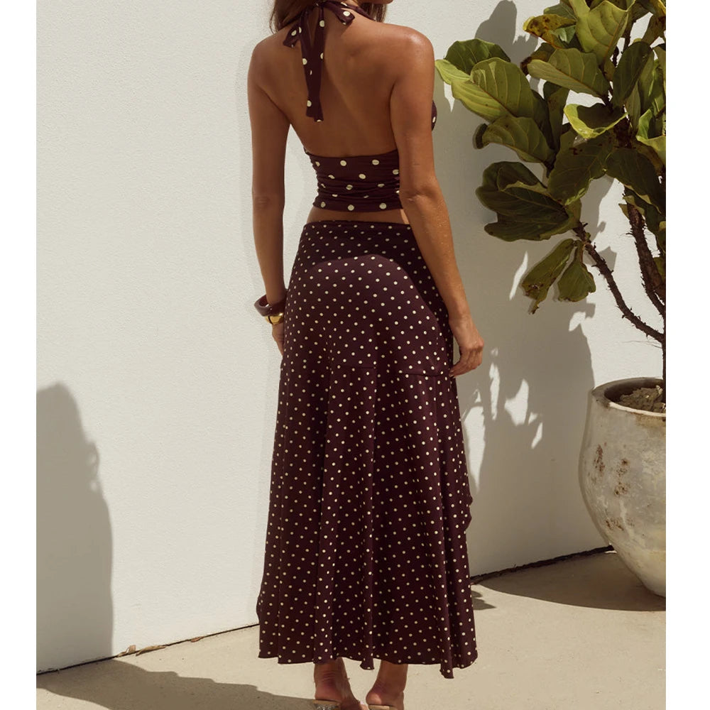 Women Summer Vintage Two Pieces Outfits y2k Aesthetic Polka Dots Print Tie-up Backless Tanks Tops+Low Waist Irregular Skirts