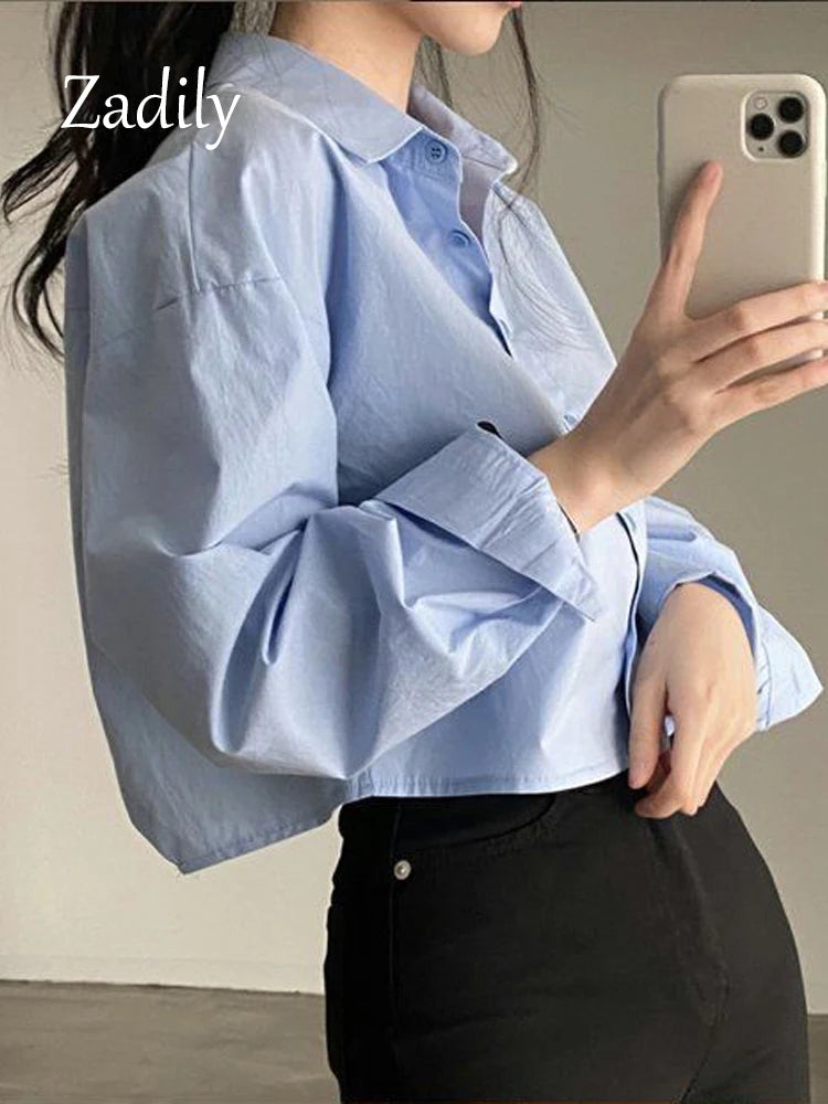 Zadily 2026 Spring New Casual Long Sleeve Women White Shirt Korea Style Solid Button Split Woman Crop Tops Blouse Party Clothing