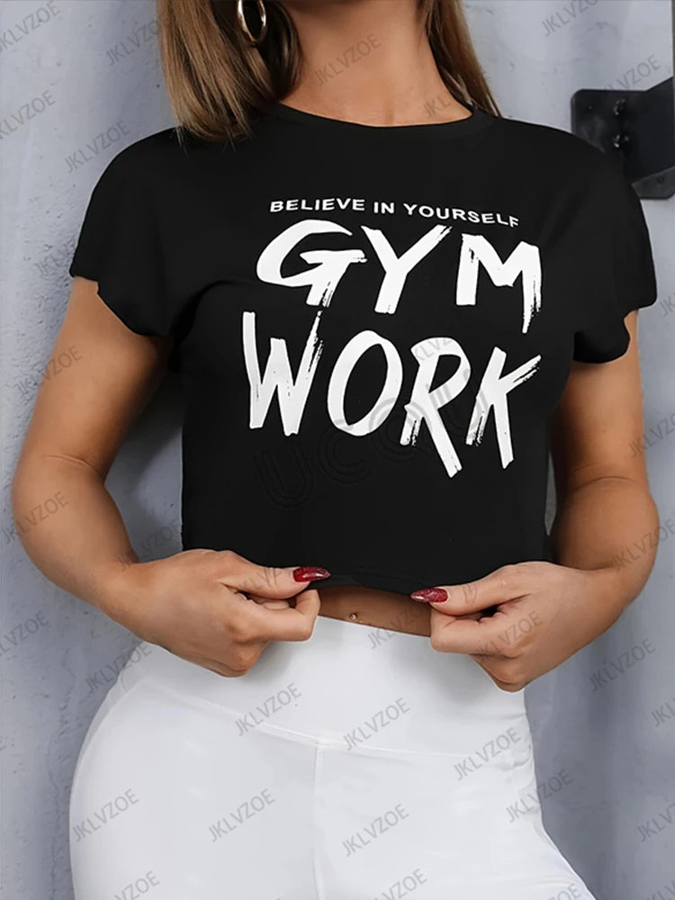 2026 New Arriavl Fitness Crop Top Summer Short Sleeve O-Neck T-shirt For Women Gym Work Printed Sports Tees Casual Y2k Tops