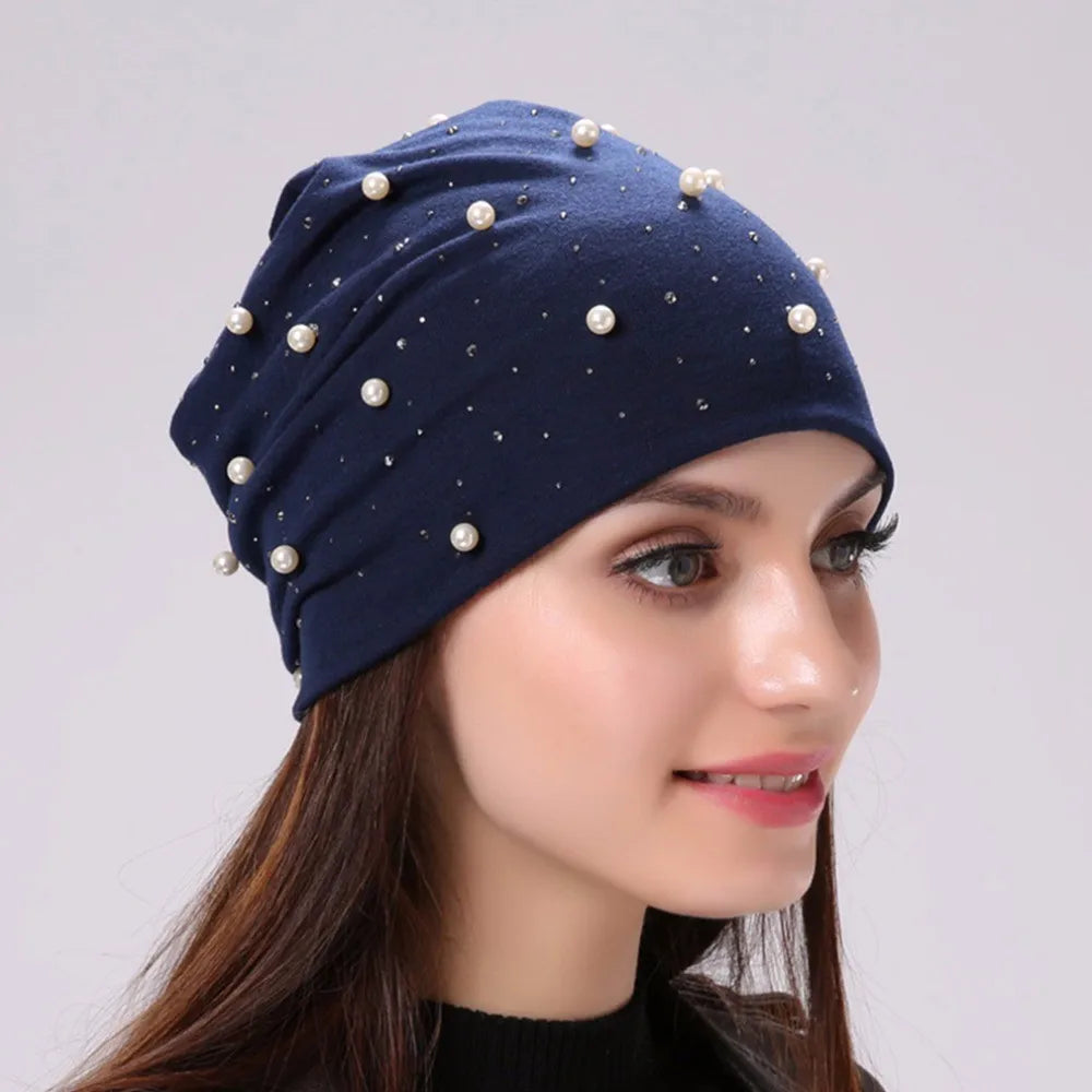 Women's Cotton Beanie – Pearls & Rhinestones, Soft, Casual Chic Spring-Autumn