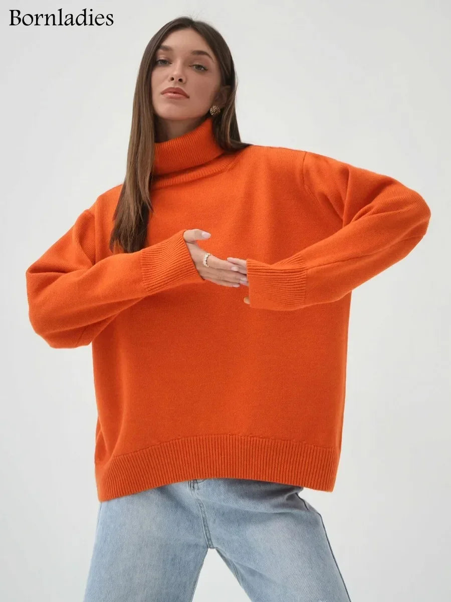 Bornladies Women Turtleneck Sweater CHIC Autumn Winter Thick Warm Pullover Top Oversized Casual Loose Knitted Jumper Female Pull