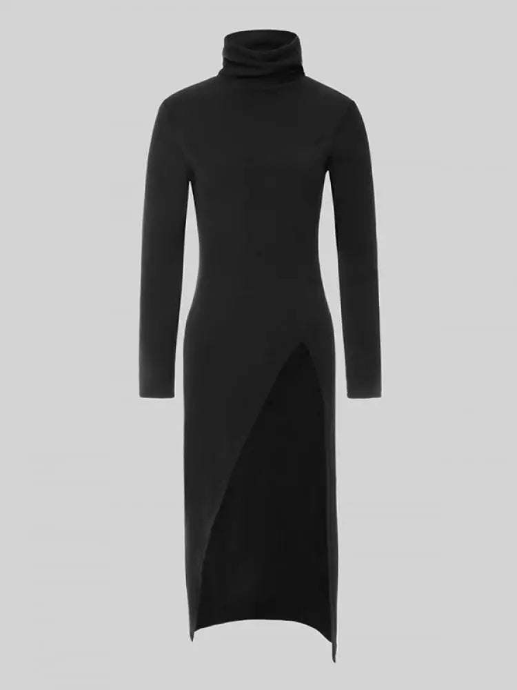 Asymmetrical High Neck T-Shirt with Side Slit – Slim Fit Long Sleeve Top