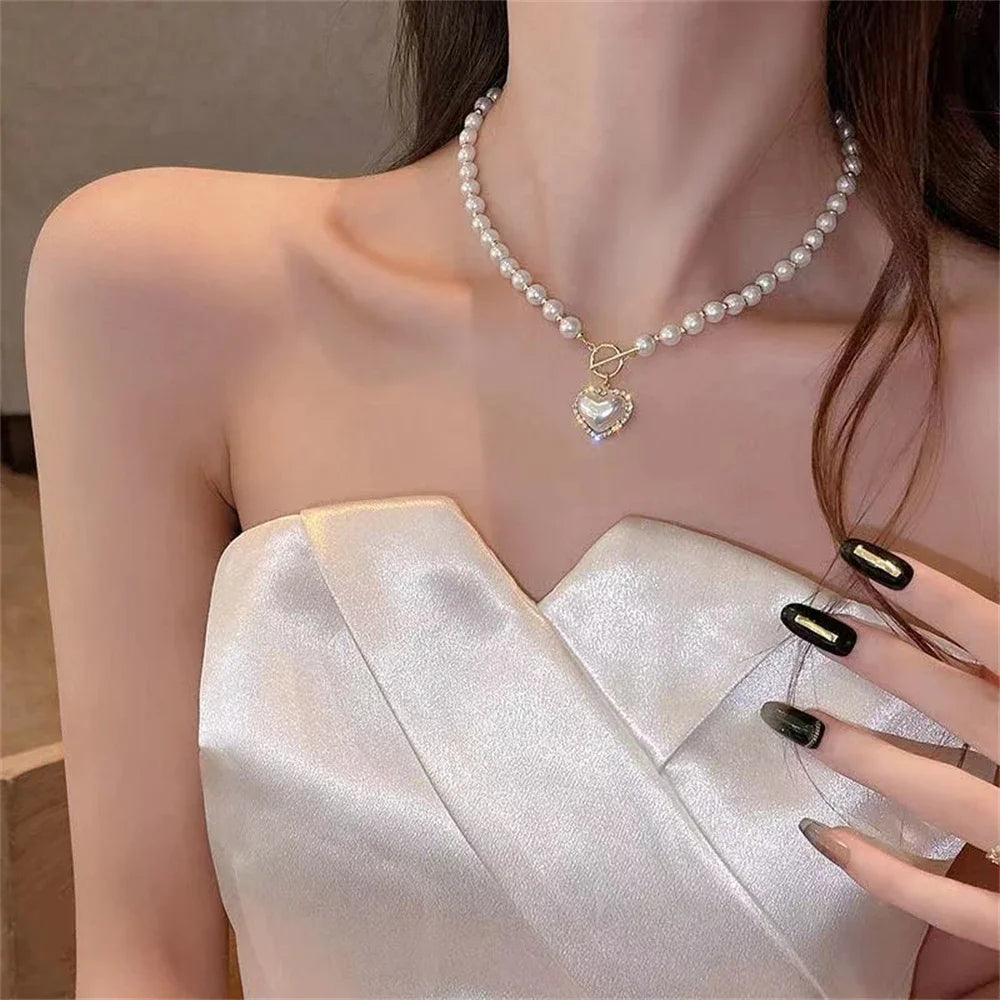 Gold Plated Heart & Pearl Pendant Necklace – Korean Style Y2K Kawaii | Women's Jewelry