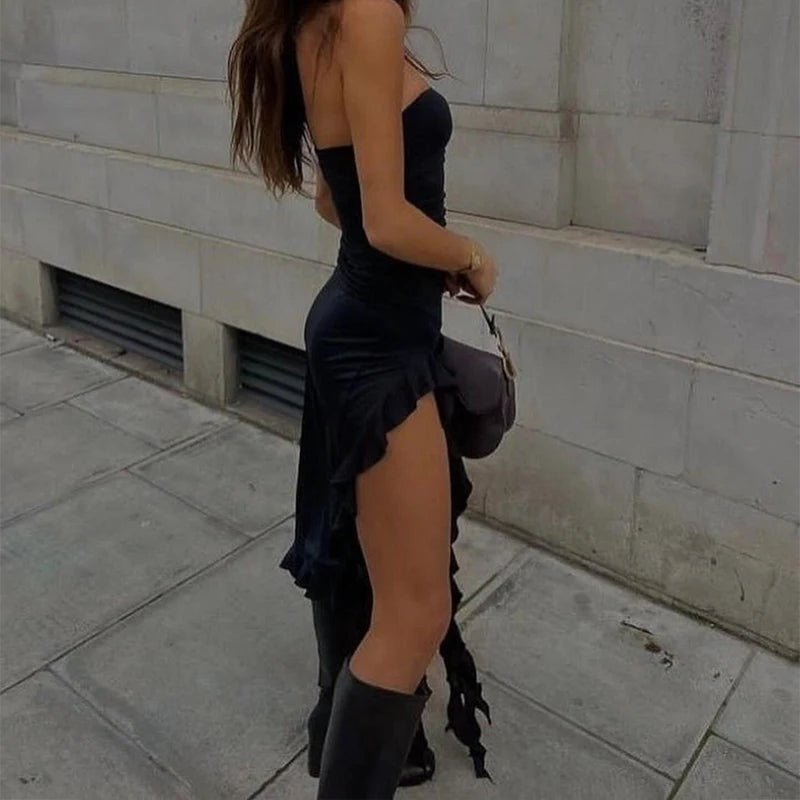 Robe Courte Femme Bustier Sexy Florale Plissée Ourlet Fendu Haut 2024 Unie Dos Nu Sans Manches Noire Et Rose Robe de Soirée Vestidos