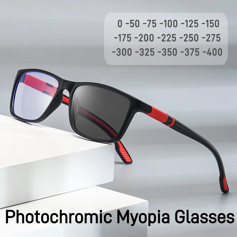 Photochromic Anti Blue Light Outdoor Sports Cycling Ultra Light High-definition Color Changing Myopia Glasses 0 -0.5 -0.75 -1.25q