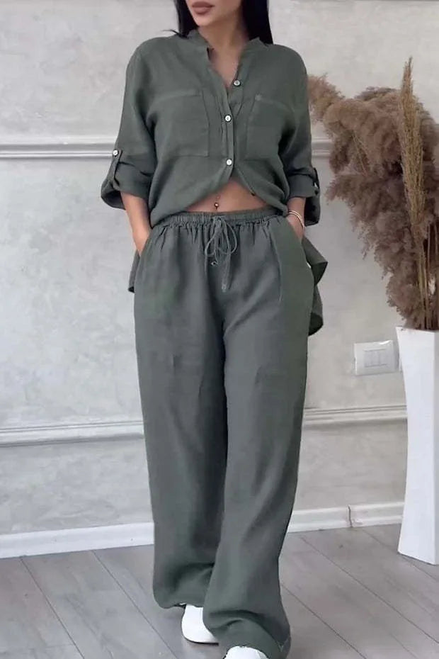 Ensemble femme en lin et coton – Chemise col V manches longues + Pantalon large taille mi-haute