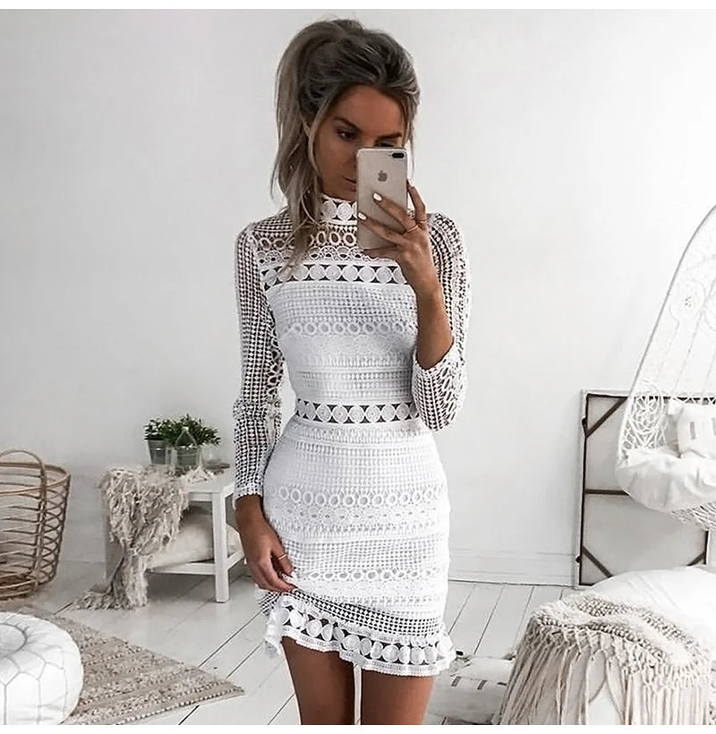 Robe Femme Sexy Dentelle Blanche Épissure Creuse Robes de Fête Élégantes Courtes Mini Été Printemps Manches Longues Vêtements Vestidos